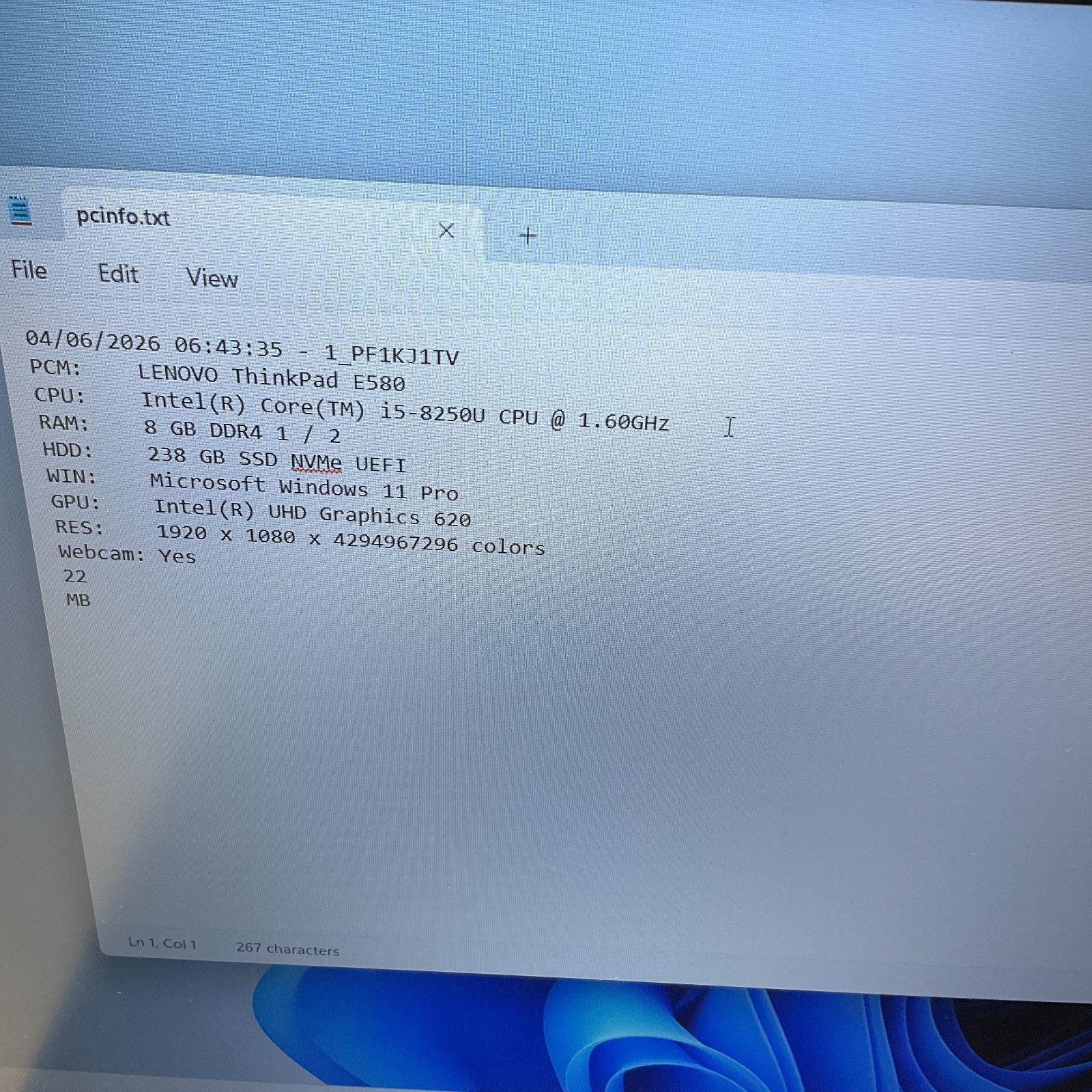 Lenovo ThinkPad E580 i5-8250U 8GB RAM 256GB SSD NVMe Windows 11 Pro Laptop