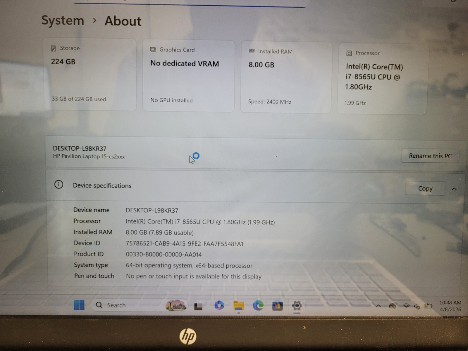 Hp pavilion 15-cs2064st i7-8565u 1.8ghz 8gb ram 240gb ssd charger 5CD9415DNQ