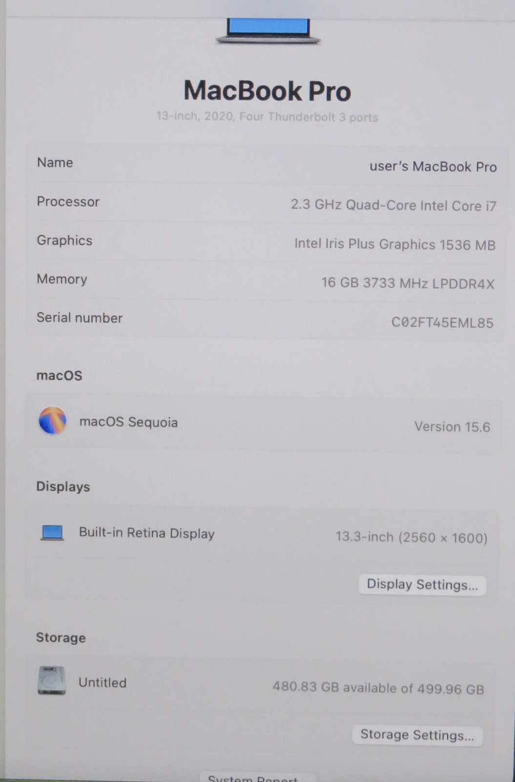 Apple MacBook Pro 2020 13in Retina i7-1068NG7 @2.3GHz 16GB 512GB Sequoia