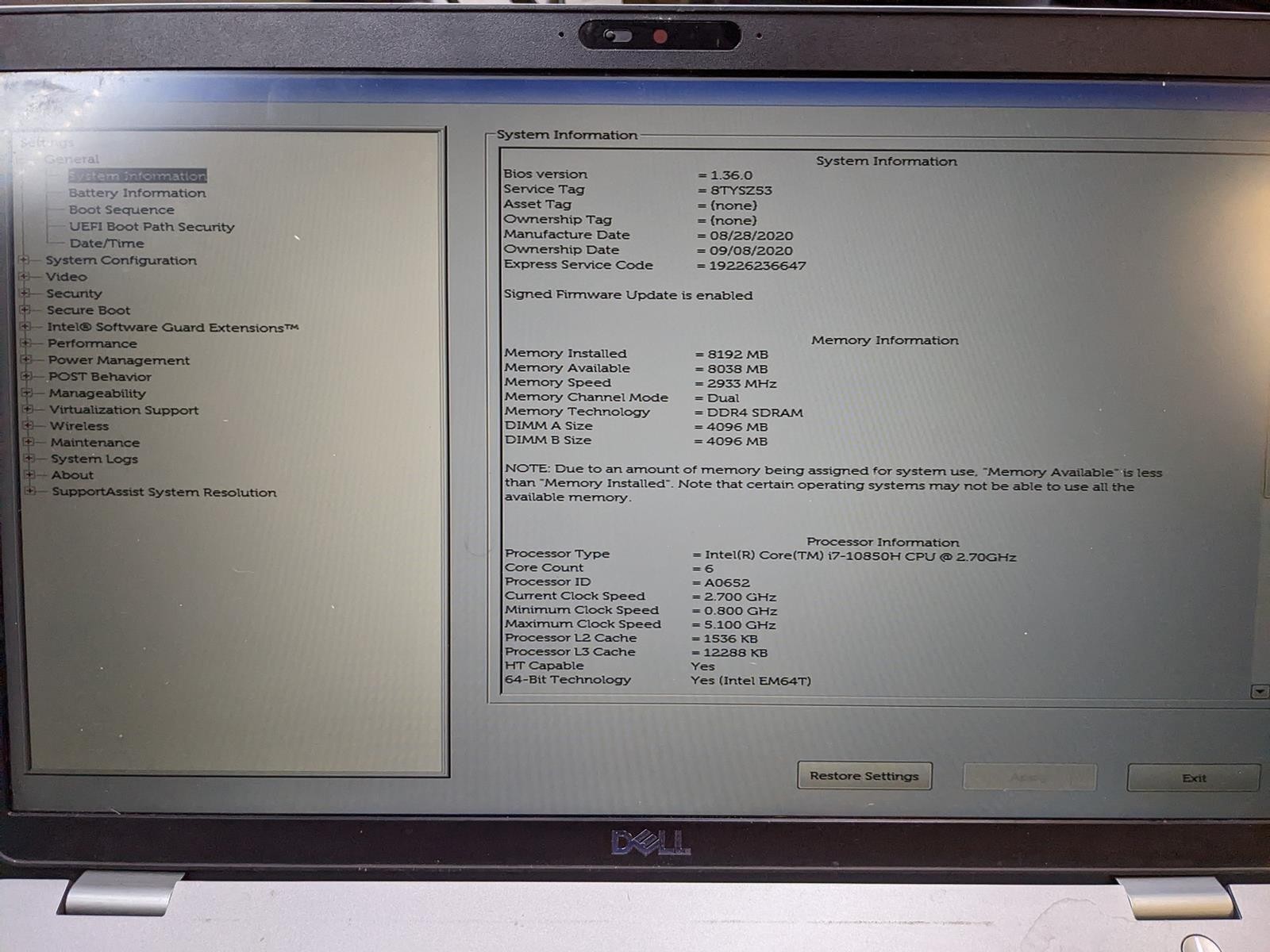 DELL LATITUDE 5511 i7-10850H @ 2.70 GHz, 8GB RAM, NO HDD/OS