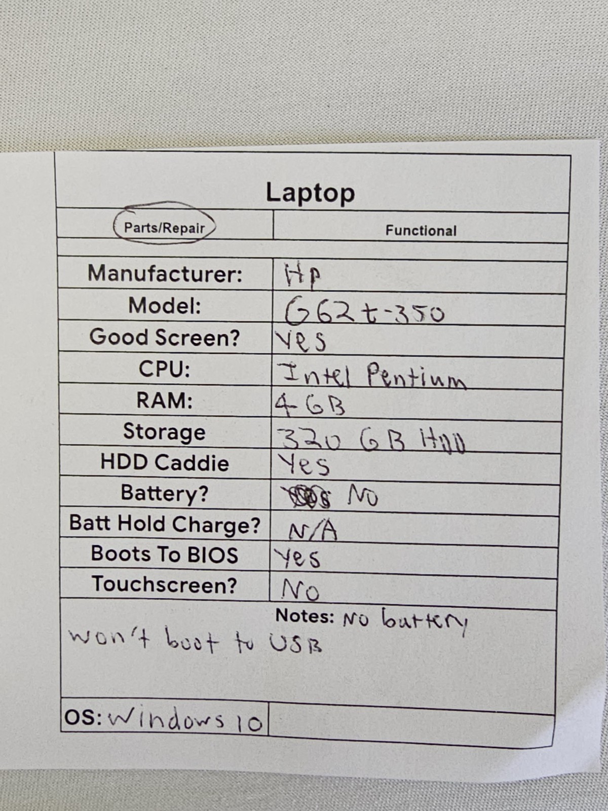 HP G62t-350 Laptop – Intel Pentium – 4GB RAM – 320GB HDD – NO BATT – Read Desc.