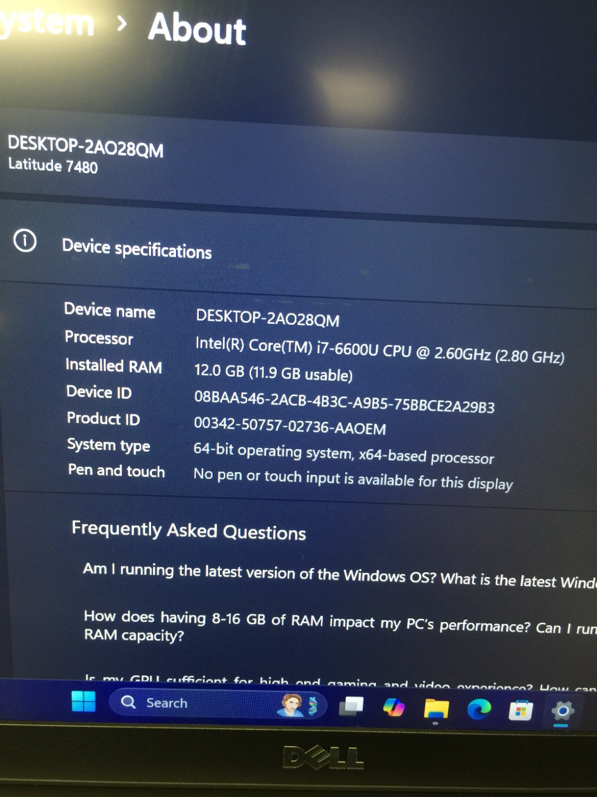 Dell Latitude 7480 14″ 128 GB SSD Core i7 6th Gen 2.60 GHz, 12 GB RAM WIN 11 PRO