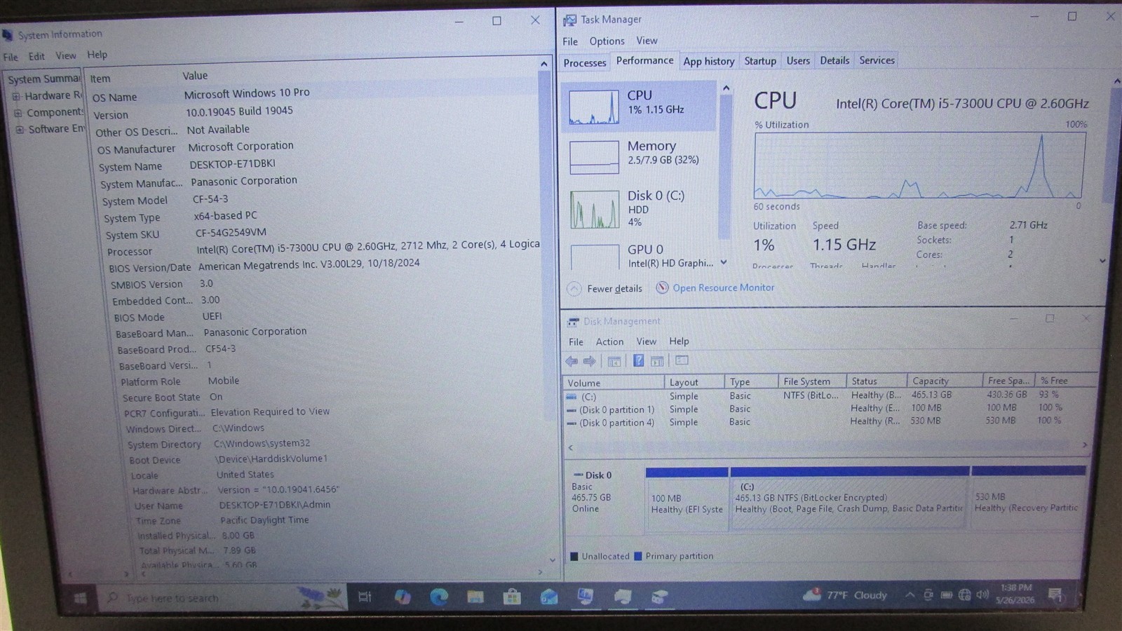 Panasonic Toughbook CF-54 MK3 i5-7300U 2.6GHz 8GB 500GB HDD 14″ W10P BIOS LK/DMG