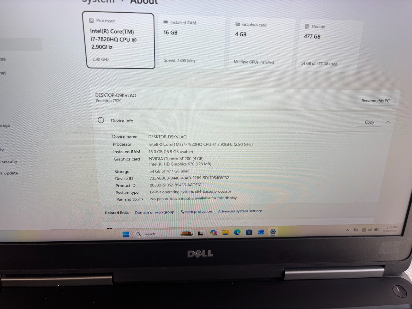 DELL PRECISION 7530 i7-7820HQ 2.9GHZ RAM 16GB SSD 512GB NVIDIA M1200 4GB