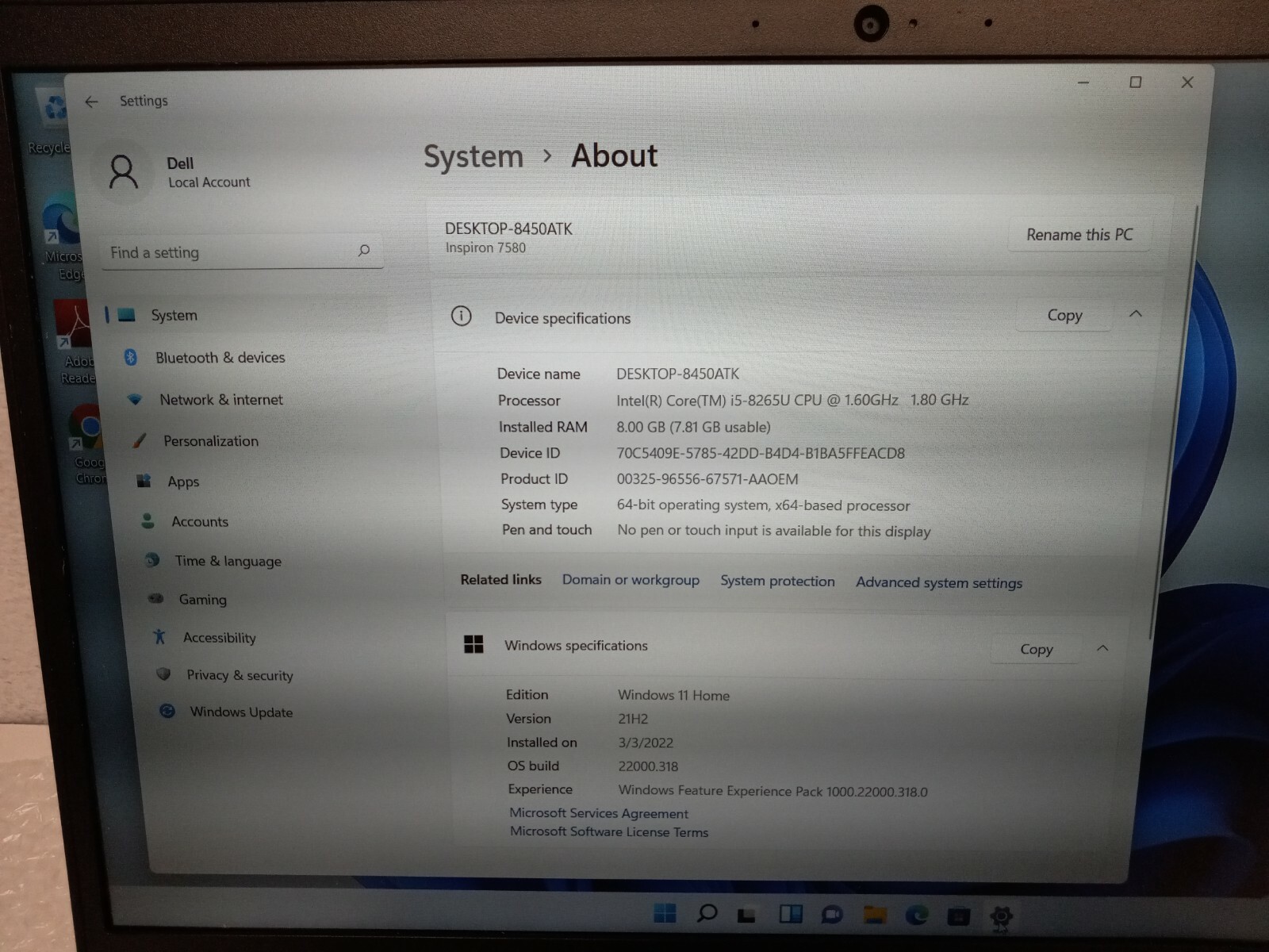 Dell Inspiron 15 7000 Intel Core i5-8265U 1.6GHz 8GB 1TB HD/SSD W11 NVIDIA MX250