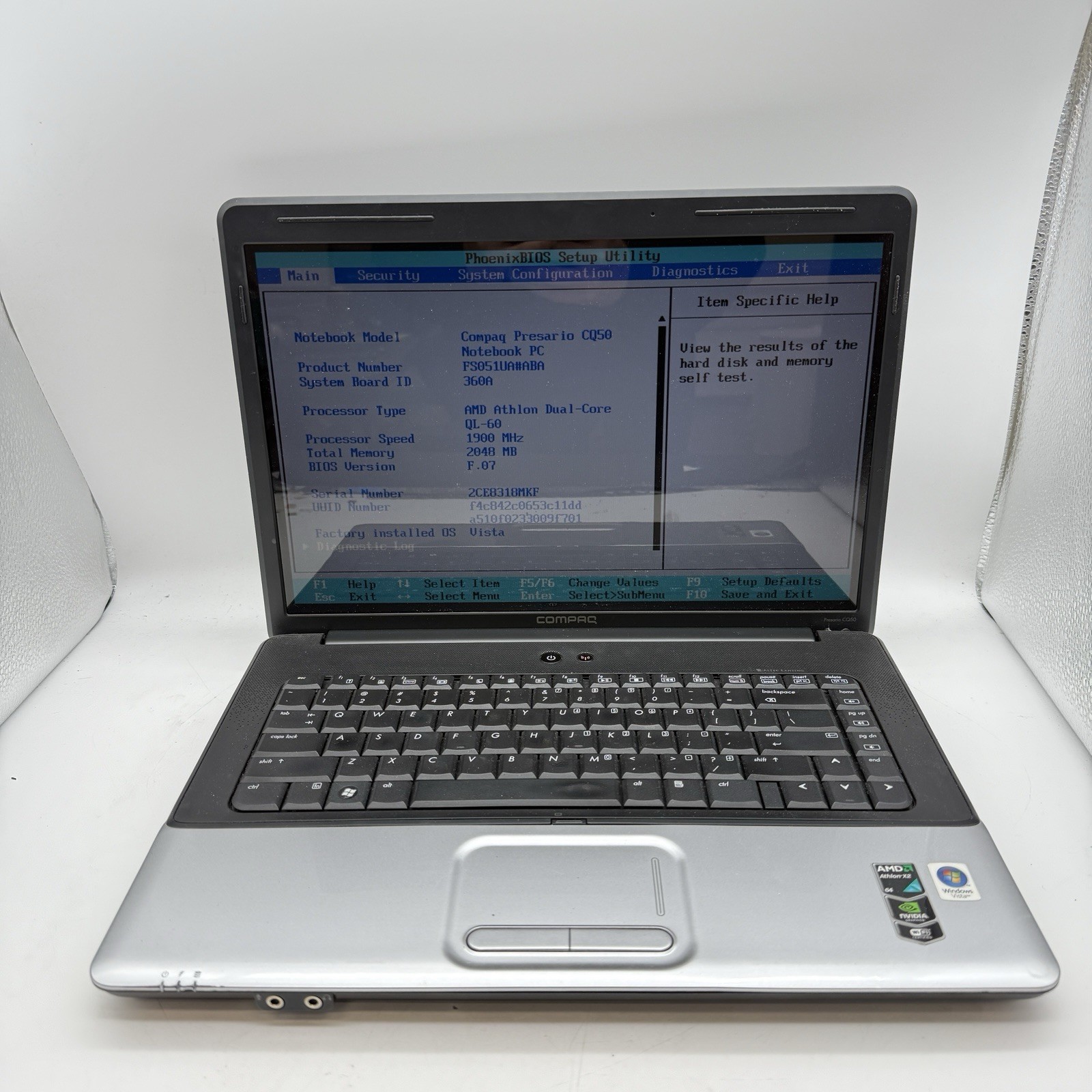HP COMPAQ PRESARIO CQ50 – BOOTS TO BIOS – AMD ALTHON X2 – 2GB RAM – Q11