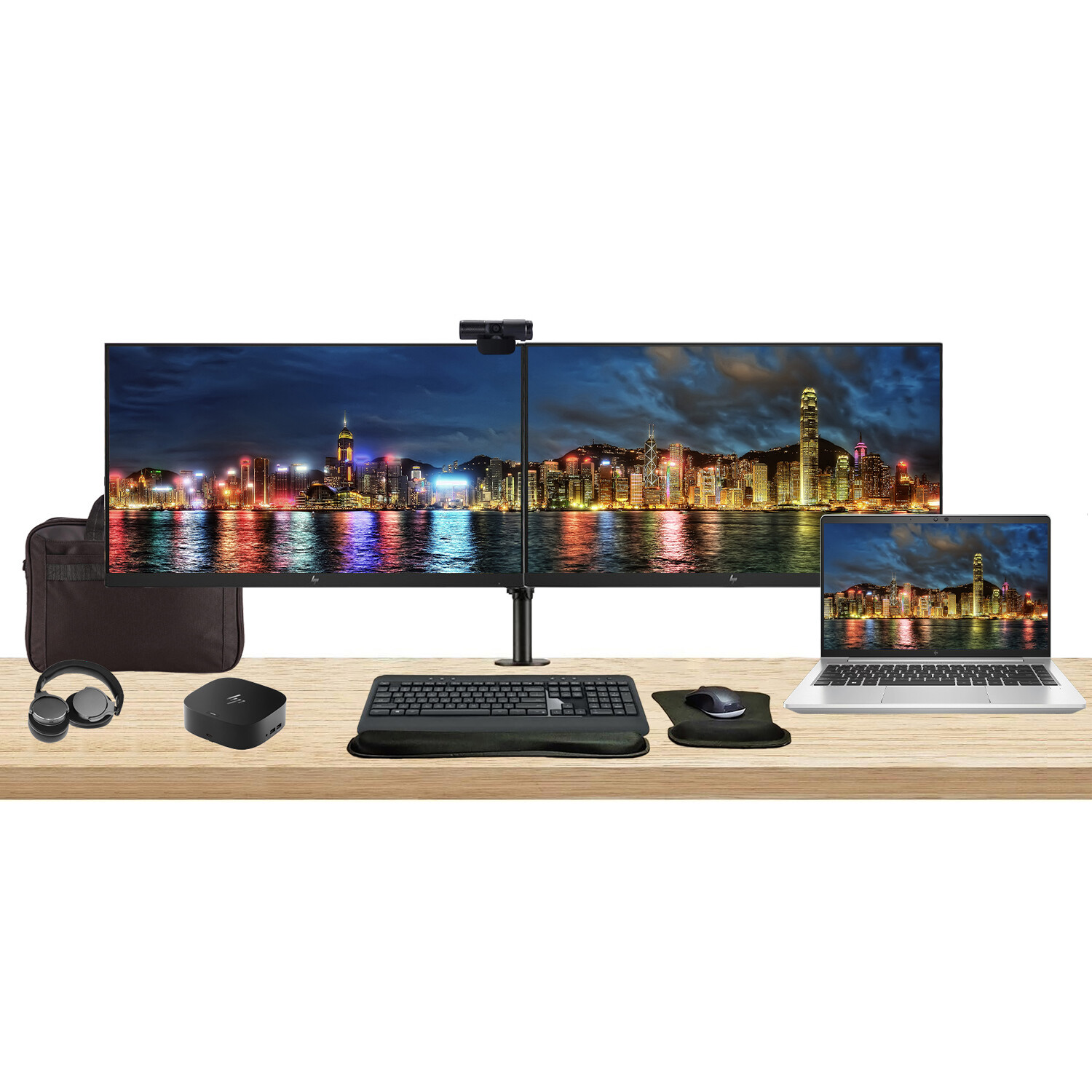 HP EliteBook 645 G10 14″ Ryzen 5 Notebook with 2 x EliteDisplay E27 27″ Monitors