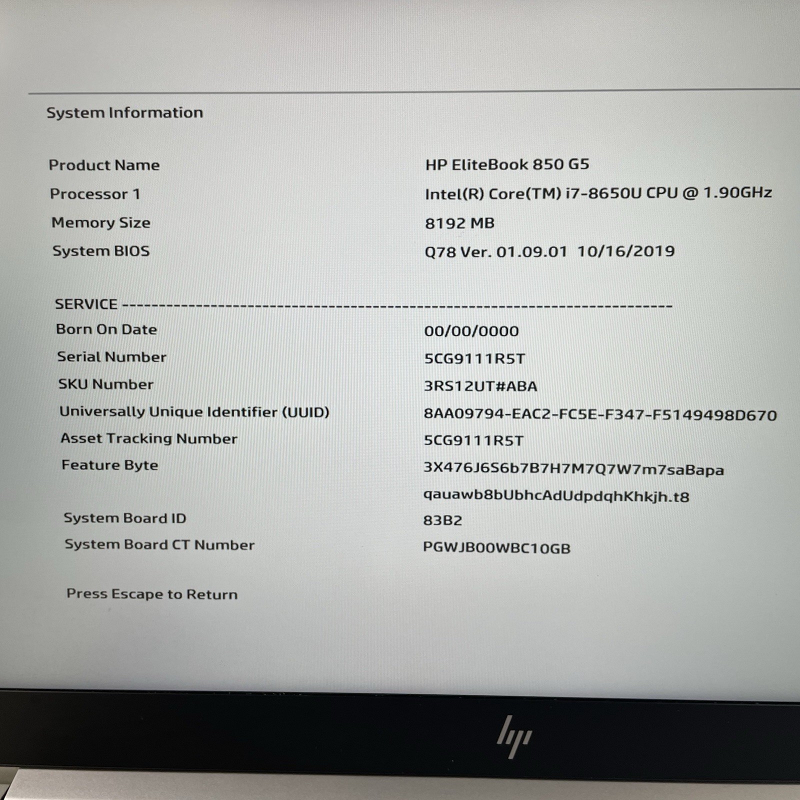 HP EliteBook 850 G5 15.6″ i7-8650U 1.90 GHz 8 GB RAM No SSD/OS/AC