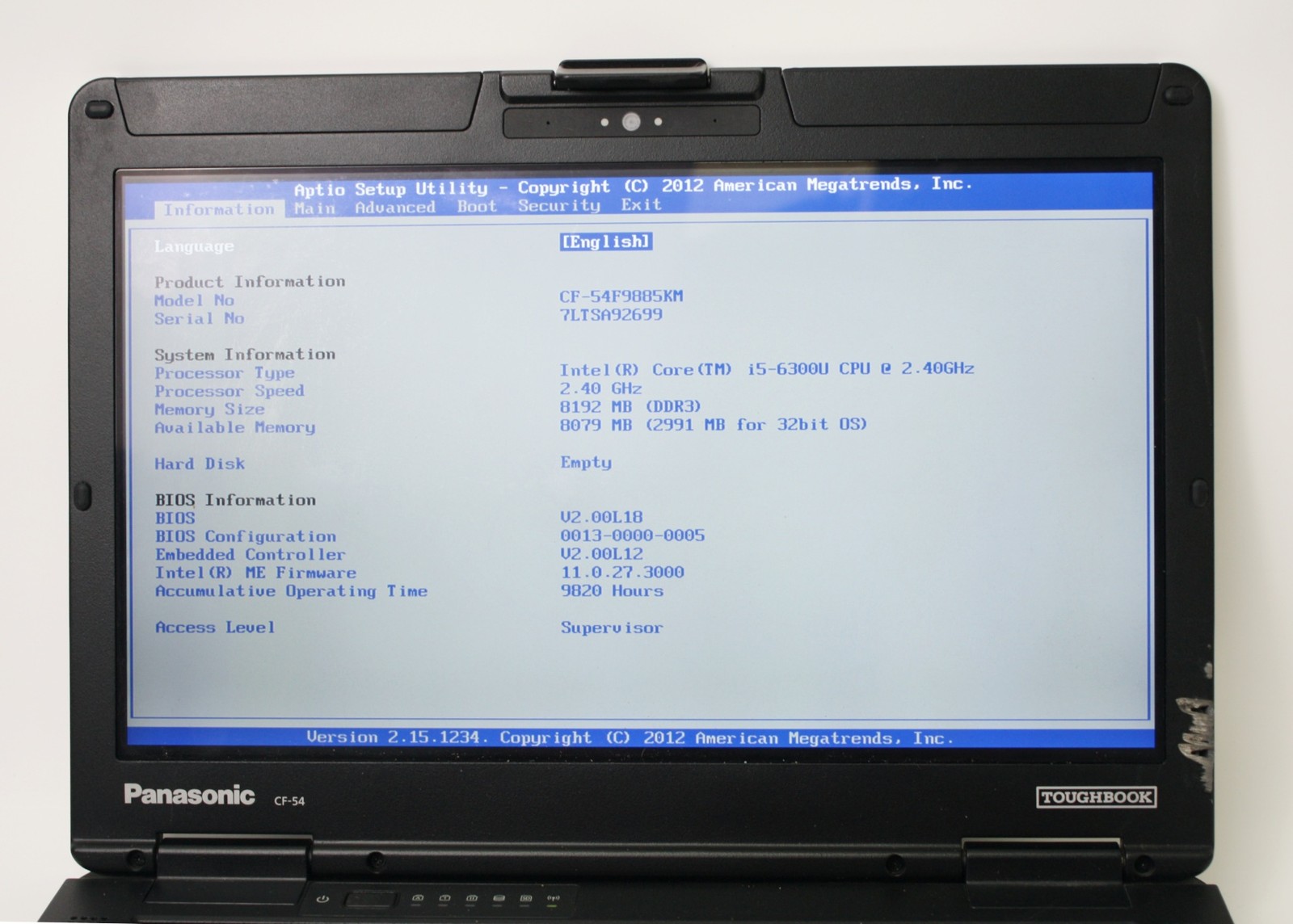 Panasonic Laptop ToughBook CF-54 i5-6300U 8GB RAM No SSD Tested Grade C