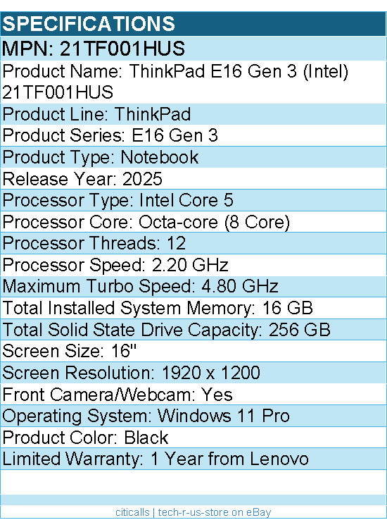 Lenovo 21TF001HUS ThinkPad E16 Gen 3 – 16″ Notebook – Intel Core 5 210H – Black