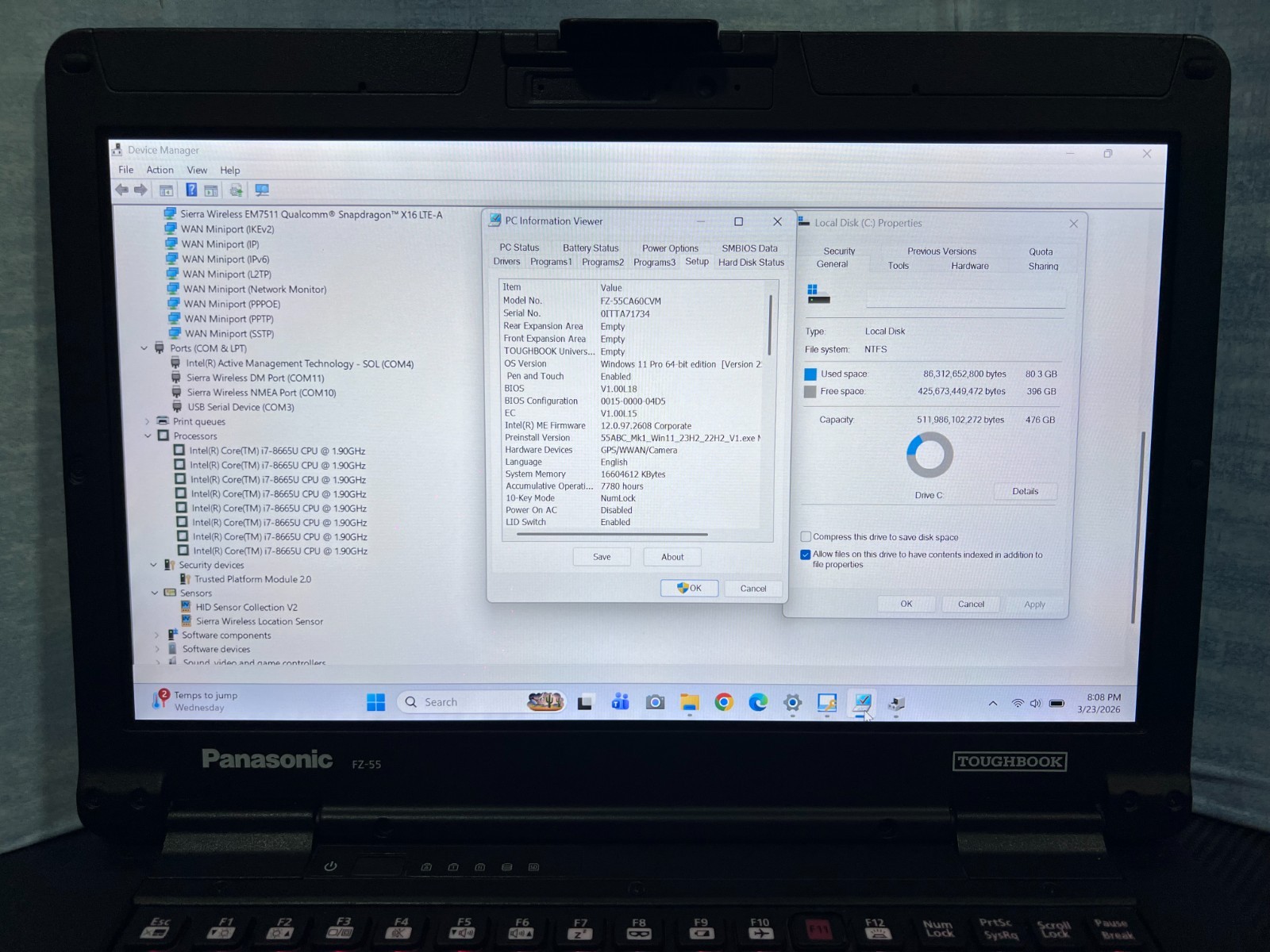 FZ-55CA60CVM, Intel core i7-8665U,512GB SSD,16GB Mem, Touch, HDMI, 4G LTE, GPS,