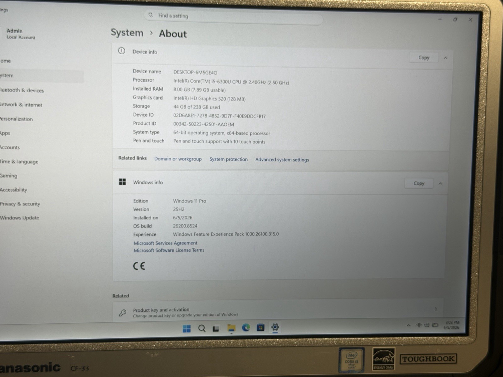 Panasonic ToughBook CF-33 i5-6300U 8GB Ram 256 SSD Win11 Pro. Touchscreen