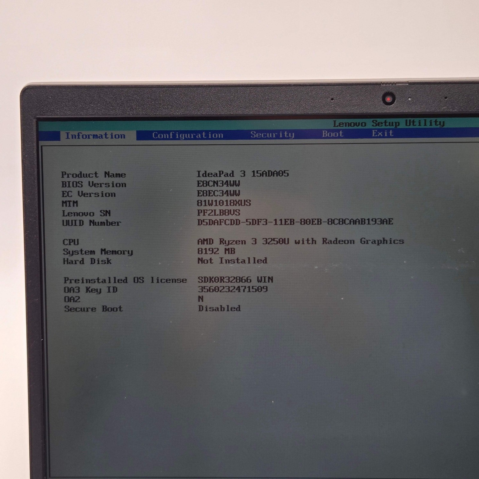 Incomplete Lenovo IdeaPad 3 Laptop Ryzen 3 3250U 8GB RAM *NO SSD or OS*