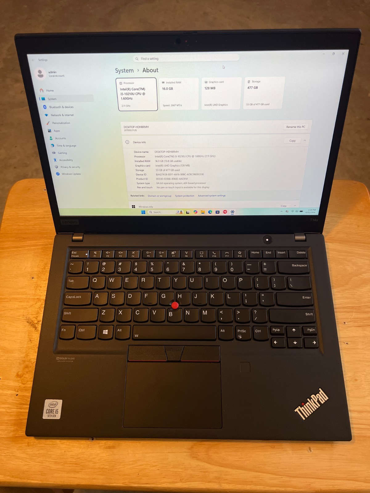 Lenovo ThinkPad T14s Gen 1 (20UH) — Intel i5-10210U 1.6Ghz, 16GB DDR4, 512GB M2