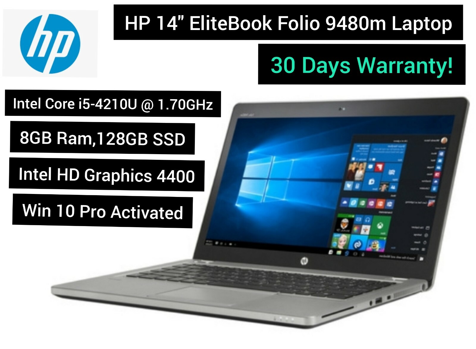 HP EliteBook Folio 14″ Core i5-4210U 1.70GHz 8GB Ram 128GB SSD Win 10 backlite