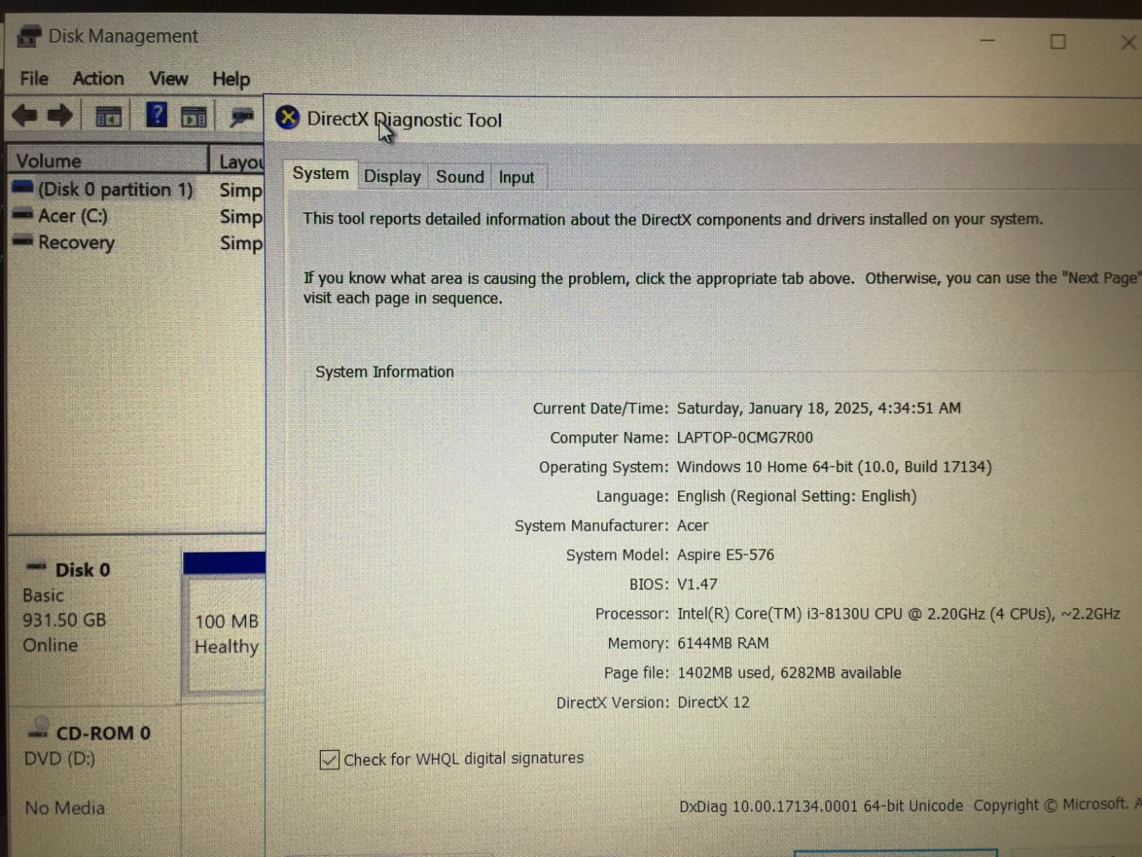 Acer Aspire E 15 E5-576-392H 15.6″ Laptop/Intel i3-8130U/6GB Ram/1TB HDD/W10 Blk