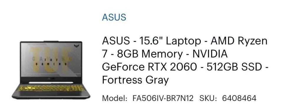 ASUS – 15.6″ Laptop – AMD Ryzen 7 – 8GB Memory – NVIDIA GeForce RTX 2060 – 512GB