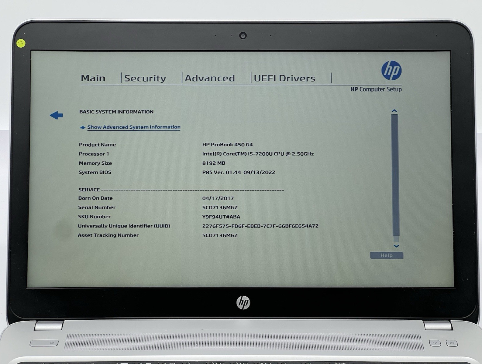 HP ProBook 450 G4, i5-7200U CPU, @ 2.50GHz, 8GB RAM, 500GB SSD-No OS/Charger