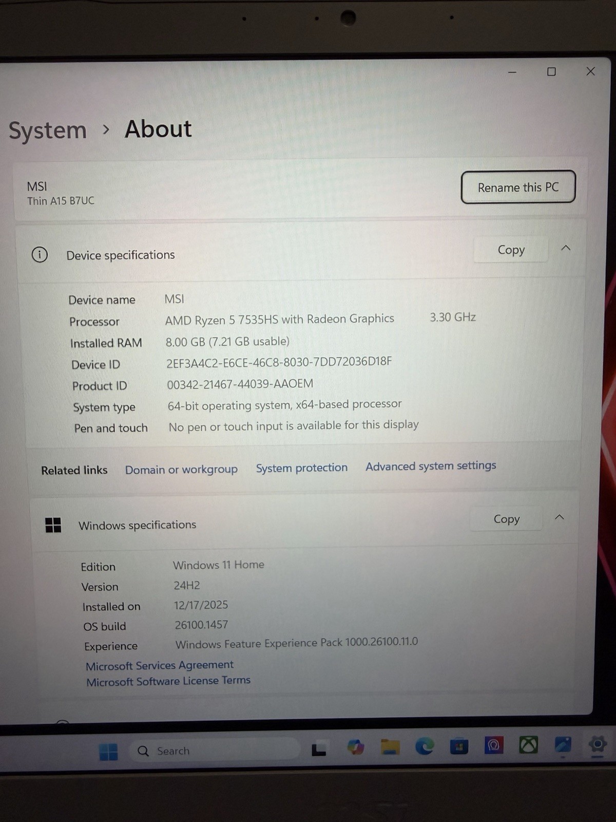 MSI Thin A15 B7VF 15-inch Laptop AMD Ryzen 5 16GB RAM 512GB RTX 4060 Mint