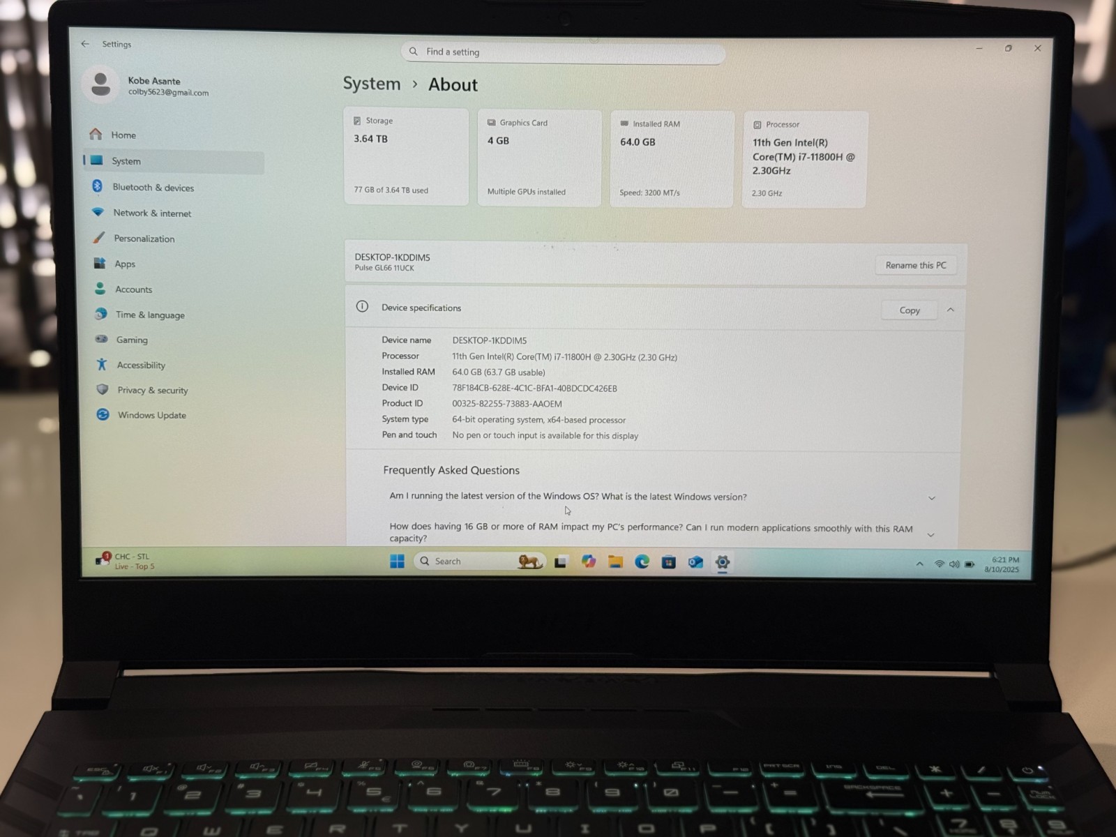MSI PULSE GL66 11UCK-046US GAMING LAPTOP, 64GB RAM, 4T M.2