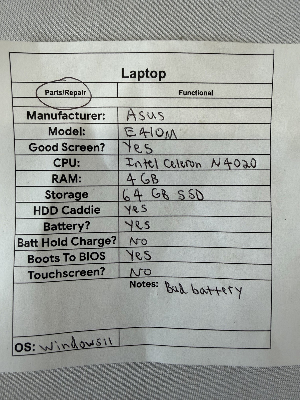 Asus E410M Laptop – Good Screen – Intel Celeron N4020 – RAM 4 GB – Read Des