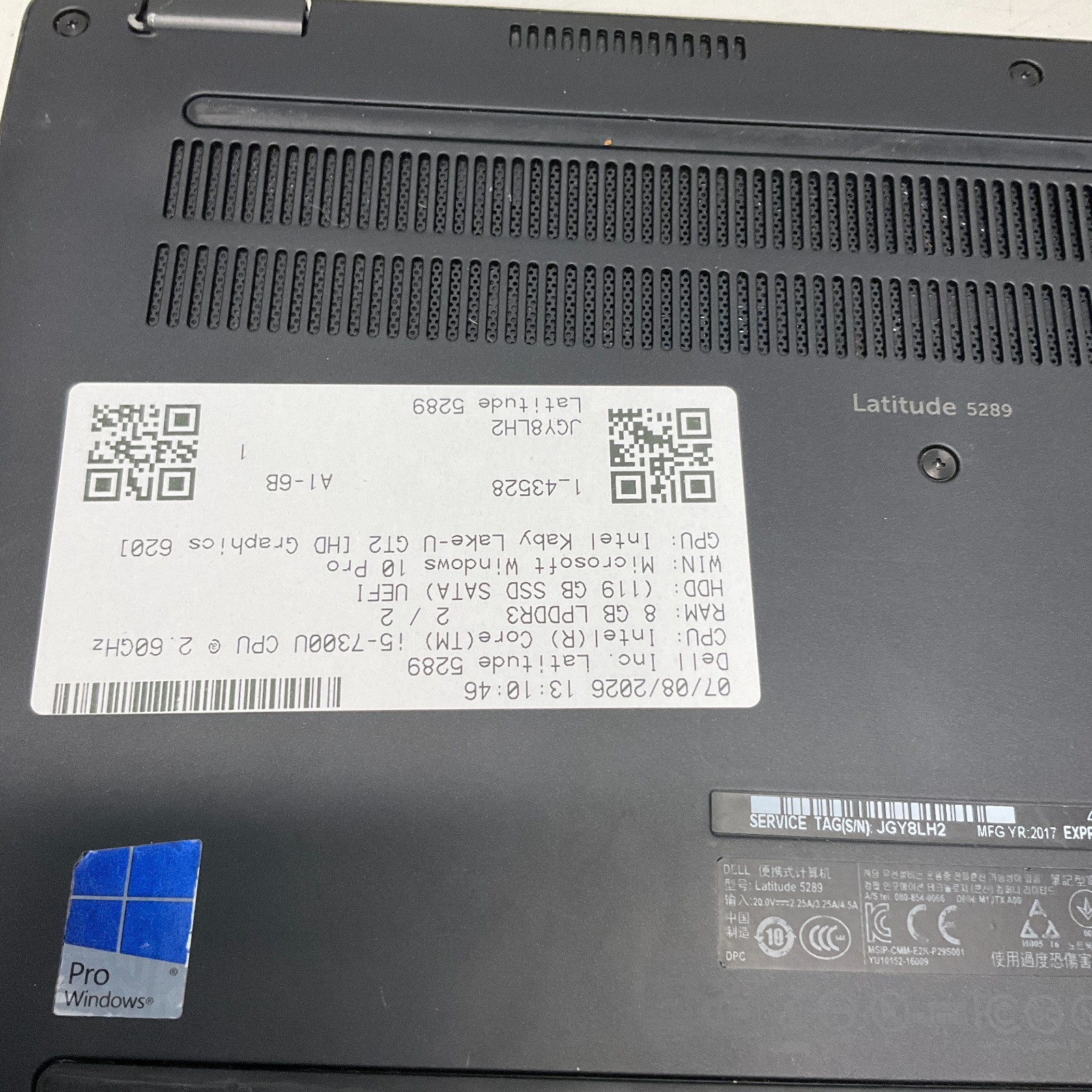 Dell Latitude 5289 Intel i5-7200U @ 2.5GHz 8GB 128GB Windows 10 Pro Laptop