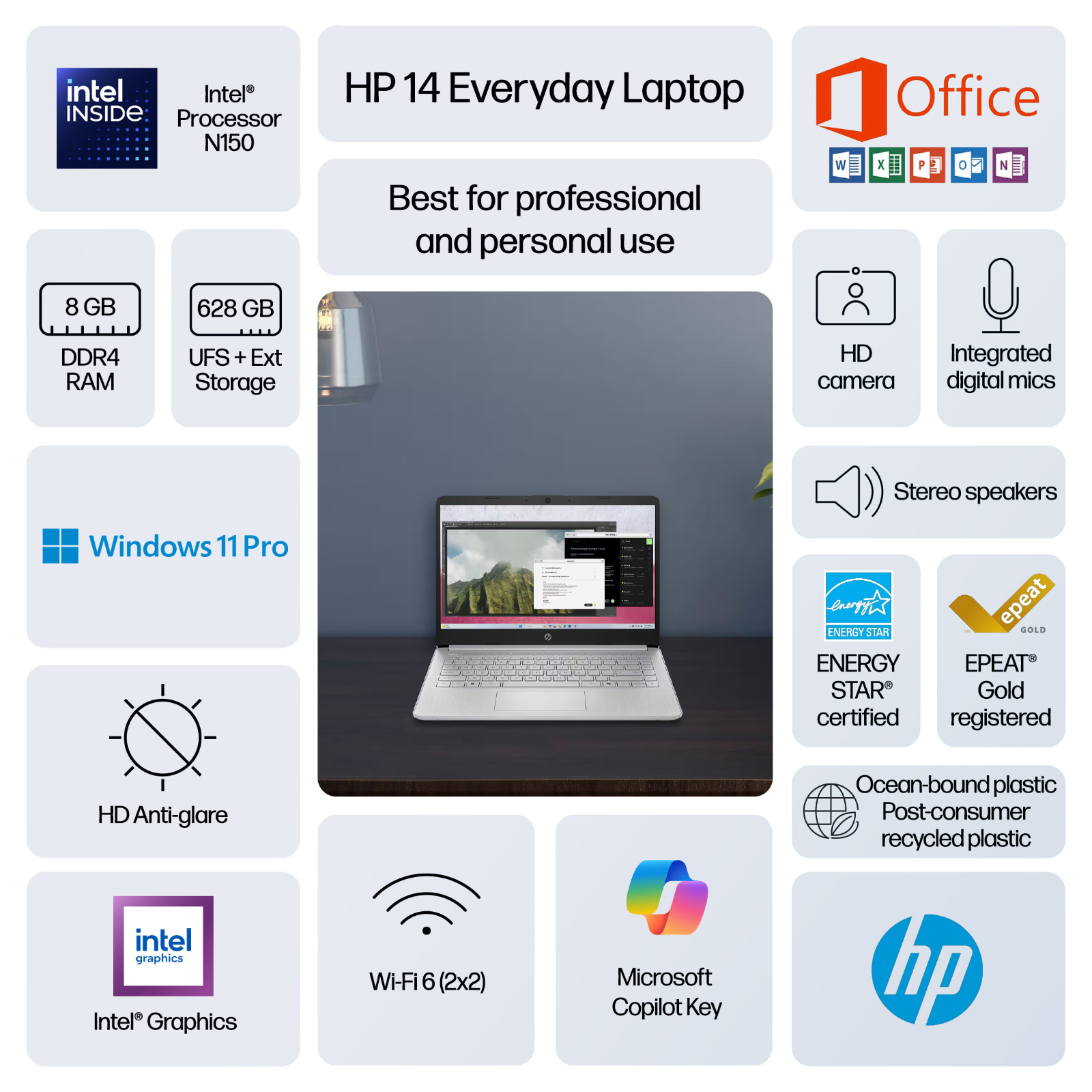HP Laptop Computer 14″, Intel N150, 8GB RAM + 628GB Storage, Windows 11 Pro