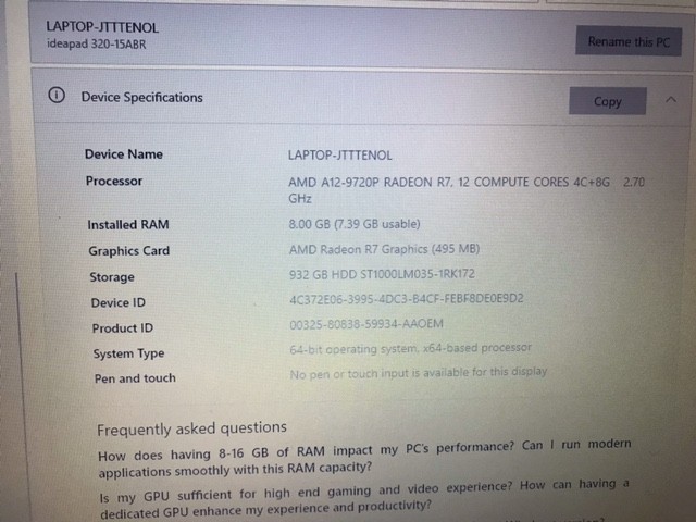 LENOVO IDEAPAD 80XS AMD A12-9720P Radeon R7 2.70GHz 8GB RAM 932GB HDD
