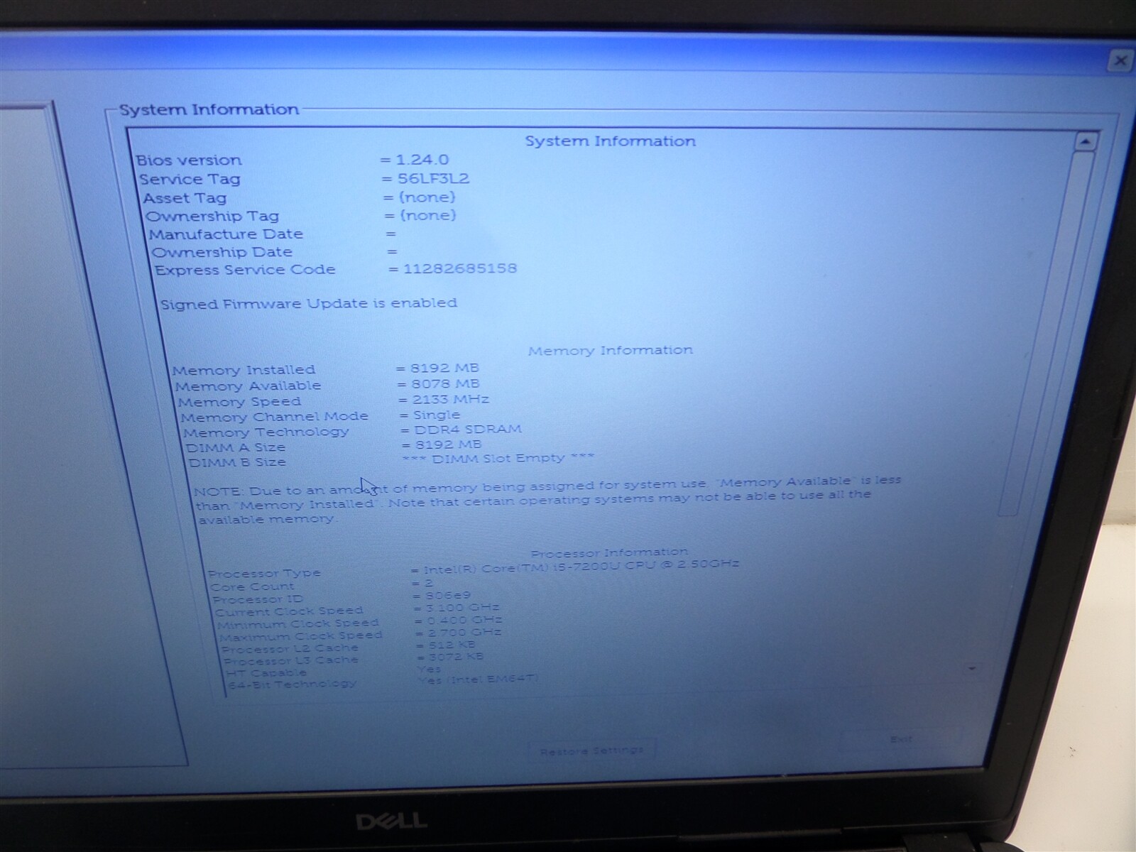 Dell Latitude 3580 15.6″ Laptop w/ i5-7200U 2.50GHz CPU & 8GB RAM – No HDD/Batt.