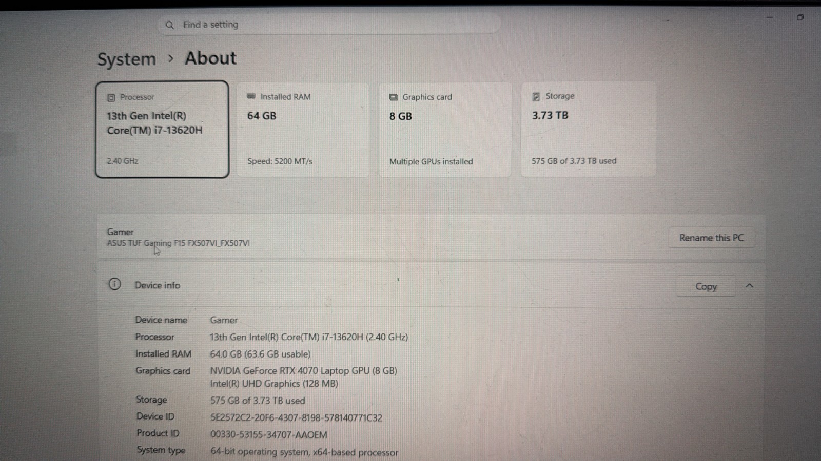 ASUS TUF F15 – 64GB DDR5 RTX 4070 8GB