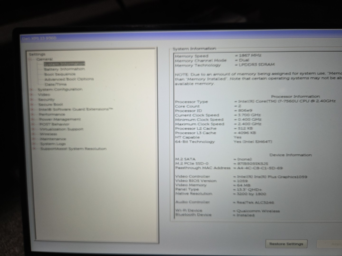 Dell XPS 13 9360 i7-8550U @ 2.40 GHz 8GB 256GB SSD. Touchscreen