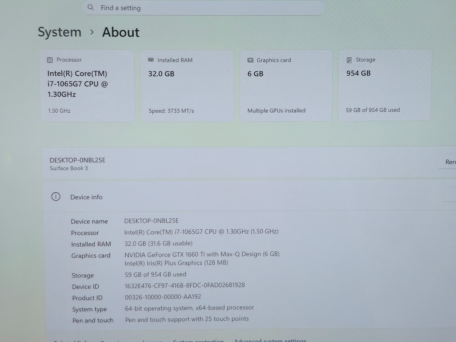Surface Book 3 15″ (1899) i7-1065G7 32GB RAM 1TB SSD GTX 1660 GPU 6GB GDDR6