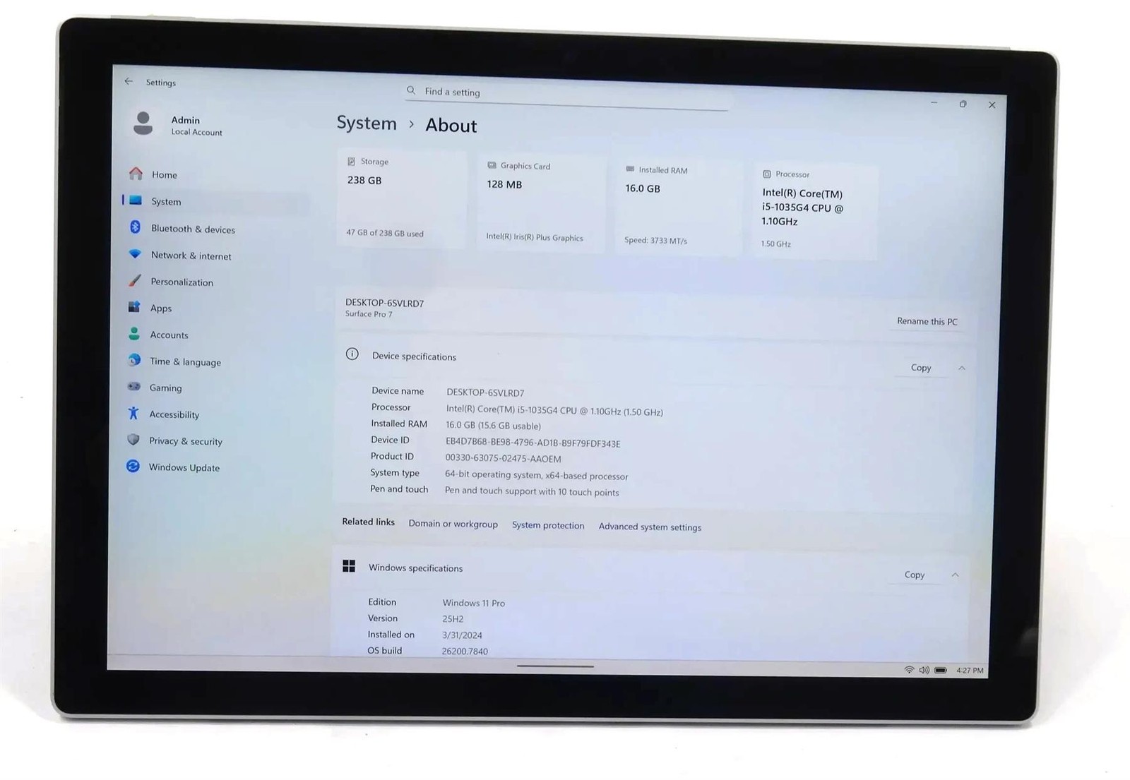 Microsoft Surface Pro 7 1866 Core i5-1035G4 1.10GHz 16GB 256GB SSD