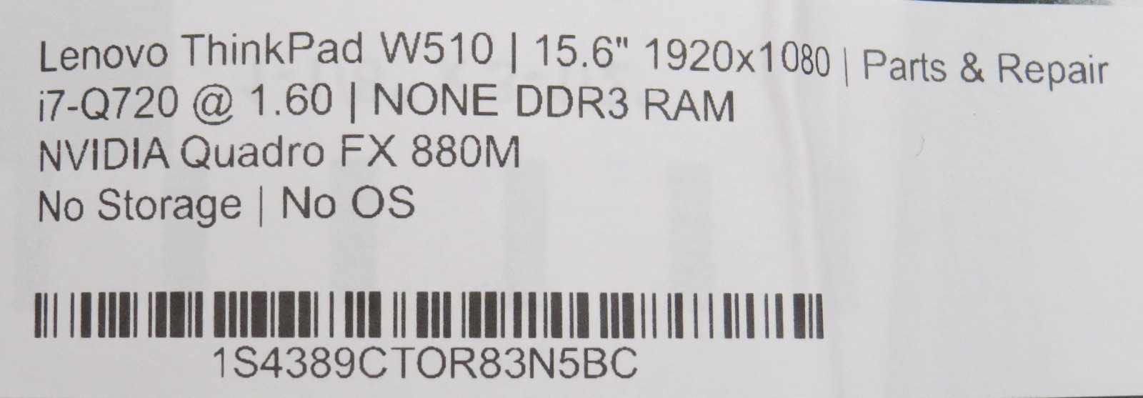 Lenovo ThinkPad W510 | i7-Q720 @ 1.6GHz | 15.6″ | No RAM/HD/OS/AC | Parts