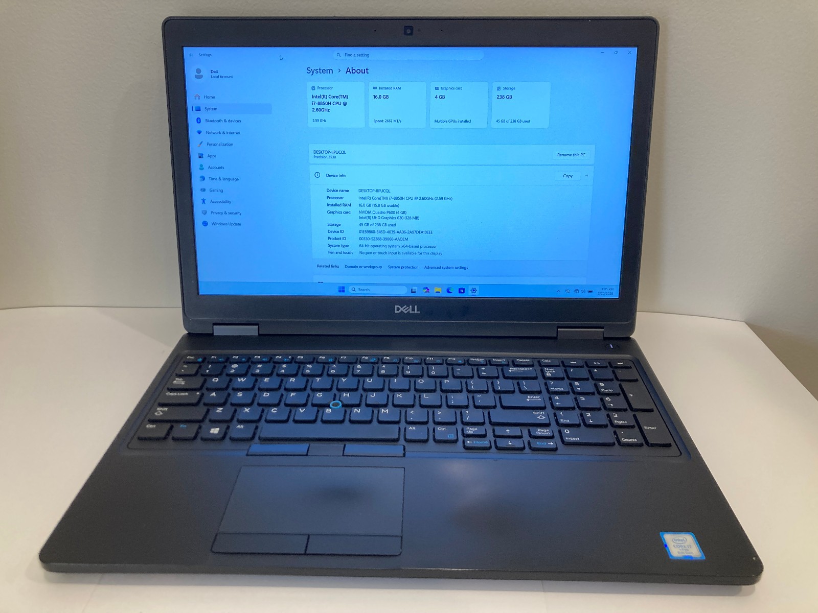 Dell Precision 3530 i7-8850H 2.6 GHz 256GB NVMe SSD, 16GB Laptop W11Pro RESTORED