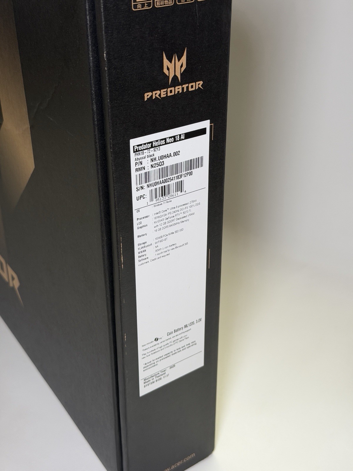 Acer Predator Helios Neo 18 AI IntelCore Ultra 9 RTX 5070 Ti 16GB 1TB SSD 240Hz