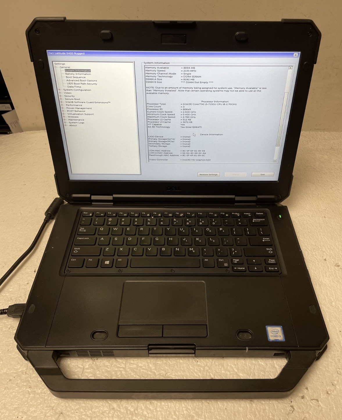 Dell Latitude 5420 14″Rugged Intel i3-7130U @2.70GHz 8GB RAM NO SSD/Battery READ