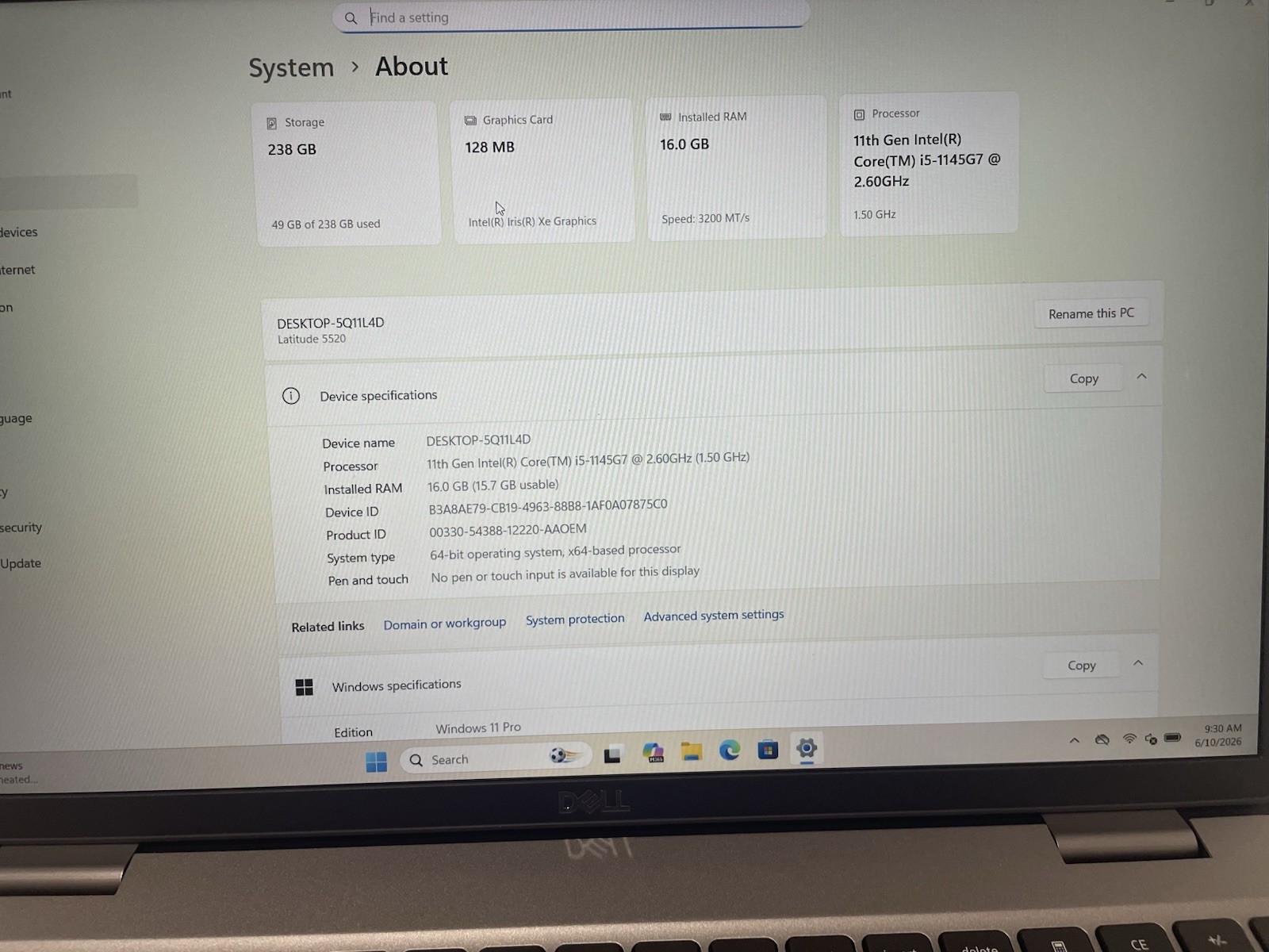 Dell Latitude 5520 256gb Nvme Win 11 i5-1145G7 4 Core 2.60ghz 16gb RAM Webcam