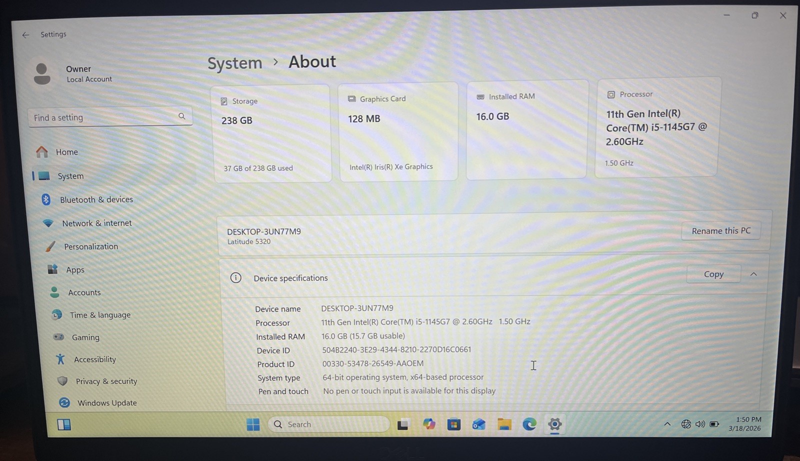 Dell Latitude 5320 i5-1145G7@2.60GHz, 16GB RAM, 256GB M2, Win 11 Pro *READ*