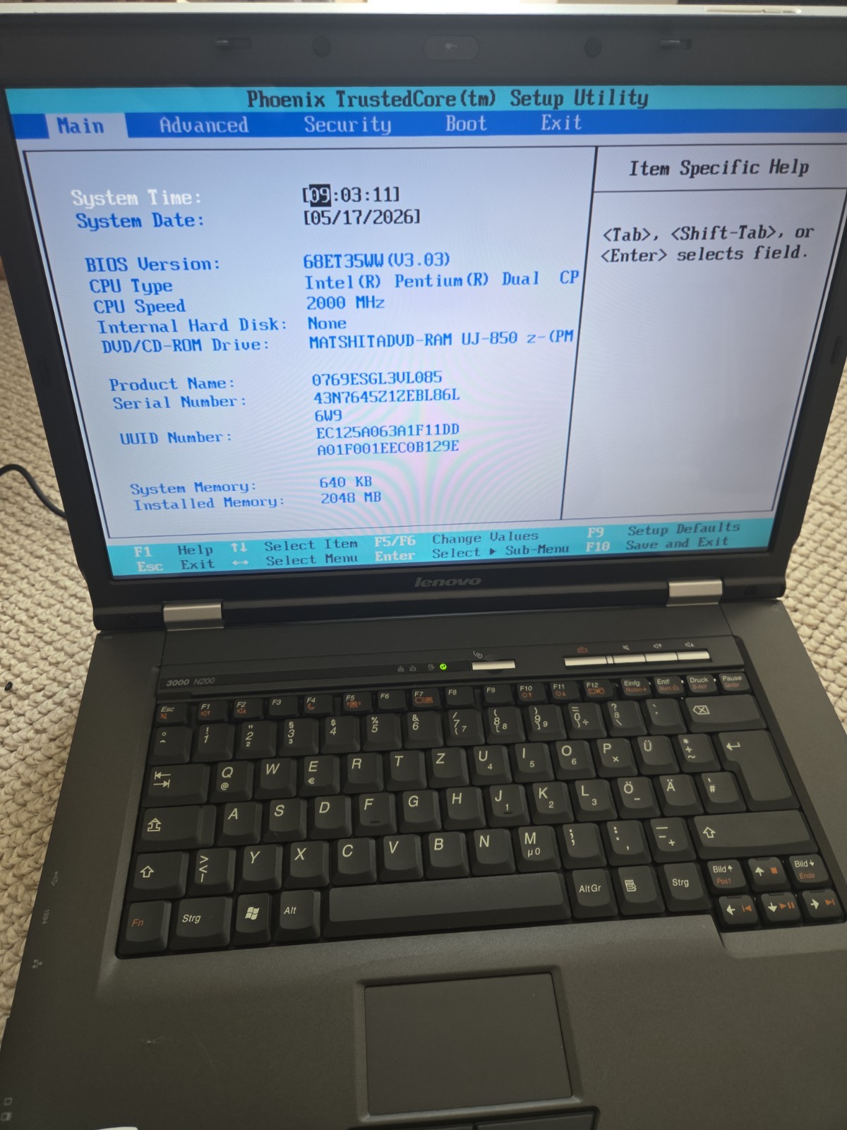 Lenovo 3000 N200 RETRO Laptop Pentium Dual Core T2390 15.4″