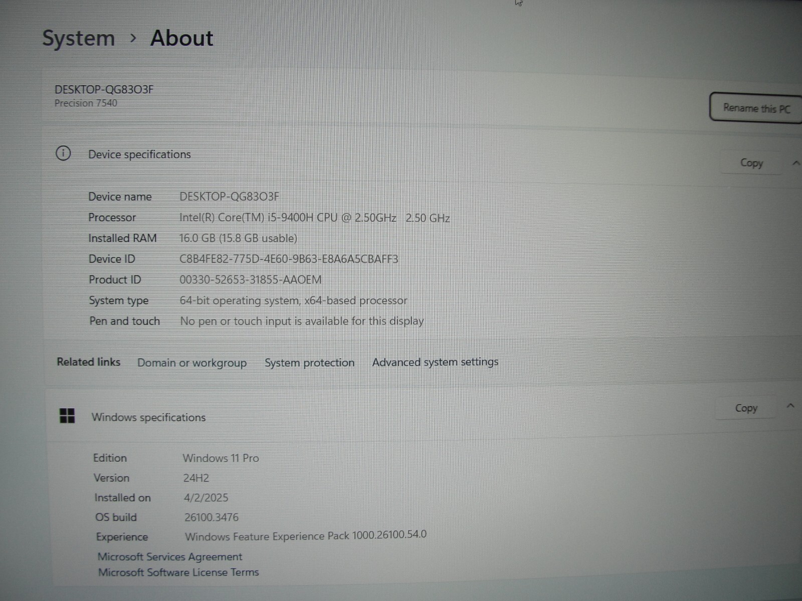 Dell Precision 7540 15” FHD i5-9400H 2.5GHz 16GB SSD 256GB NVIDIA Quadro T1000