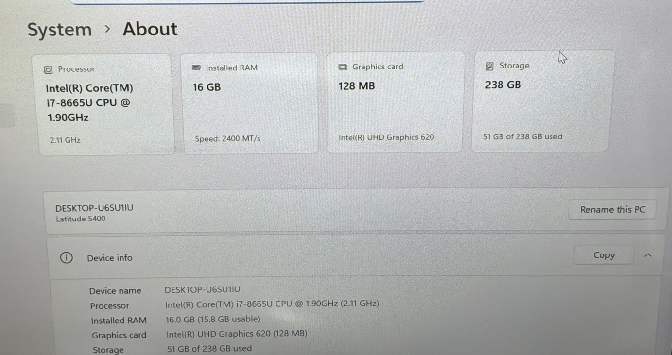 Dell Latitude 5400 i7-8665u@ 1.90ghz 16GB RAM 256GB NVME W11P Touchscreen
