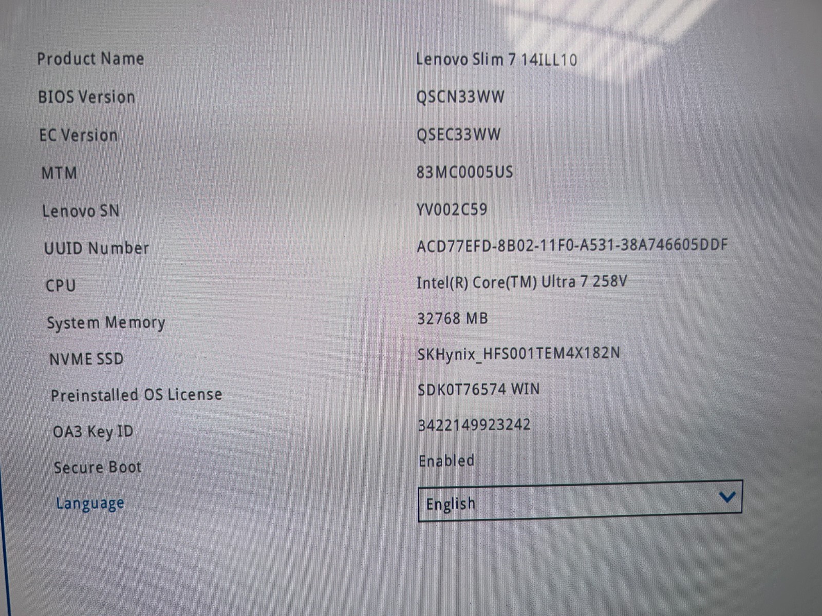 Lenovo Slim 7 14ILL10, Intel Core Ultra 7 258V, 2.20 GHz, 32 GB RAM, 1 TB NVMe