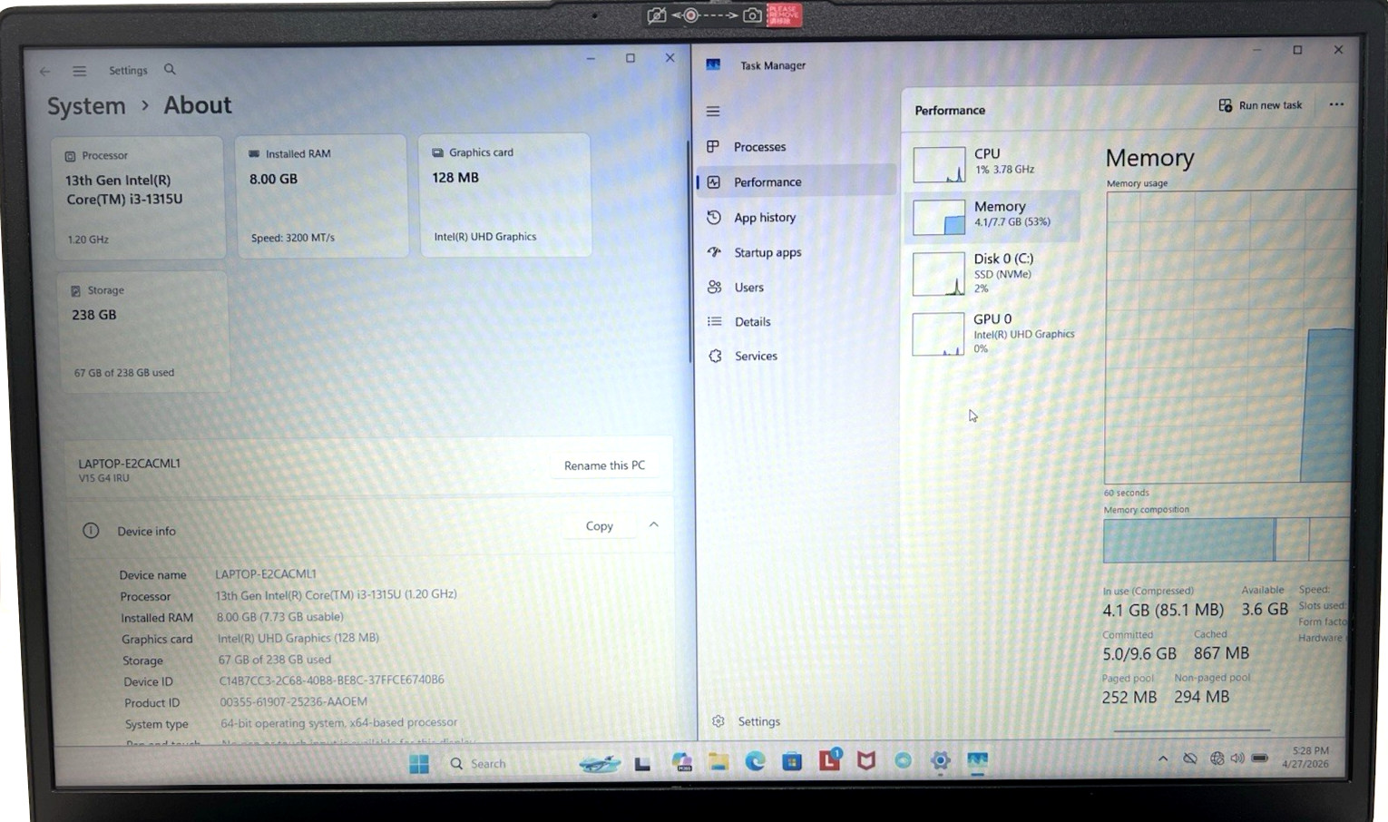 Lenovo V15 G4 IRU 2024 8GB 256GB Intel i3 1.20GHz Win 11 Pro Black Laptop