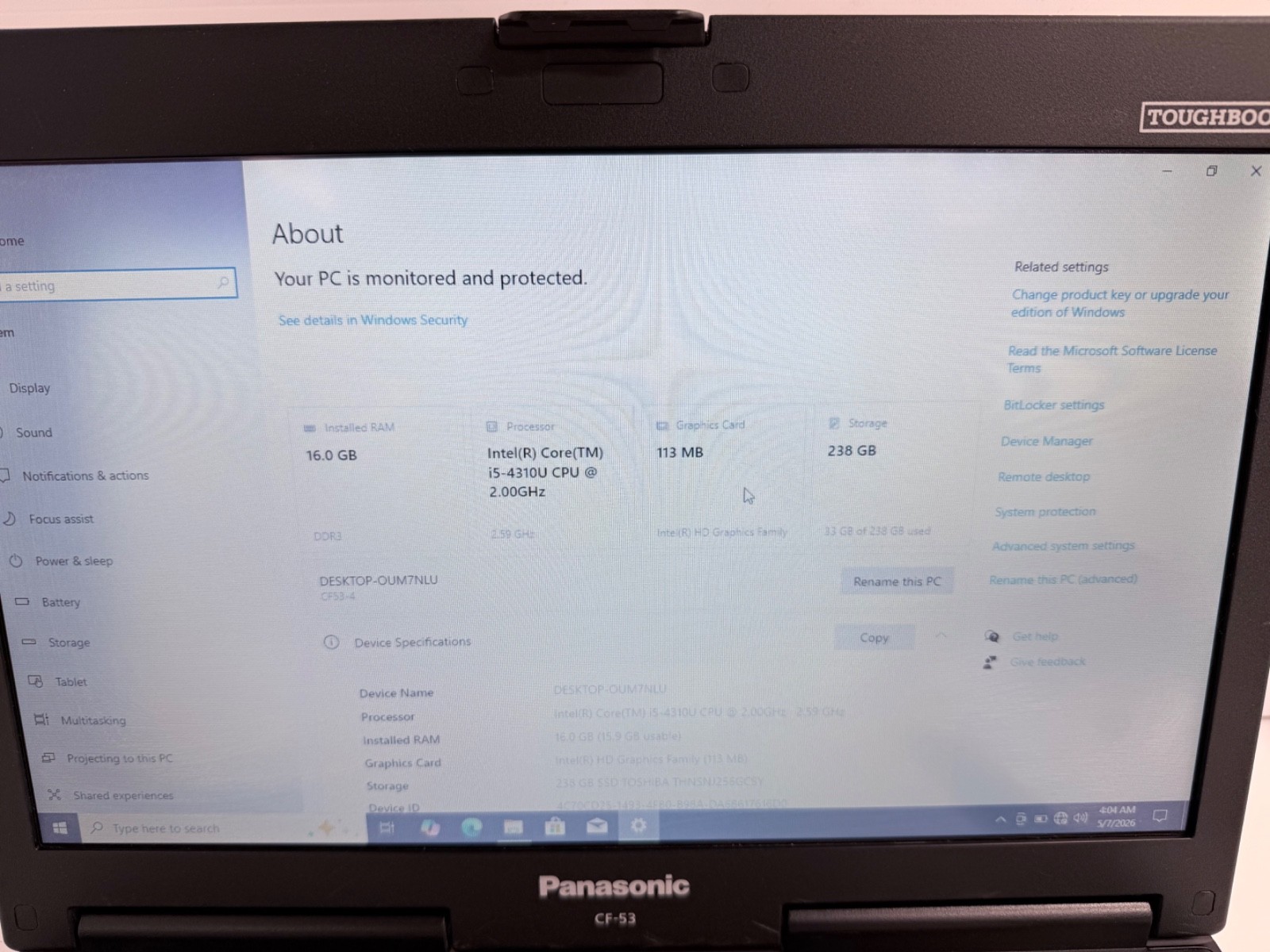 Panasonic CF-53 Tough Book I5 4310 2.00 GHz 16 GB RAM 512 GB SSD Windows 10 Pro