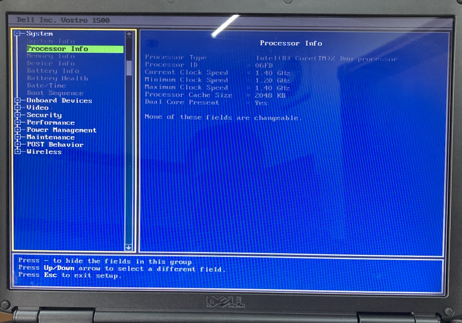 Dell Vostro 1500 Intel Core 2 Duo 1.40 GHz 2 GB no HDD Boot to BIOS