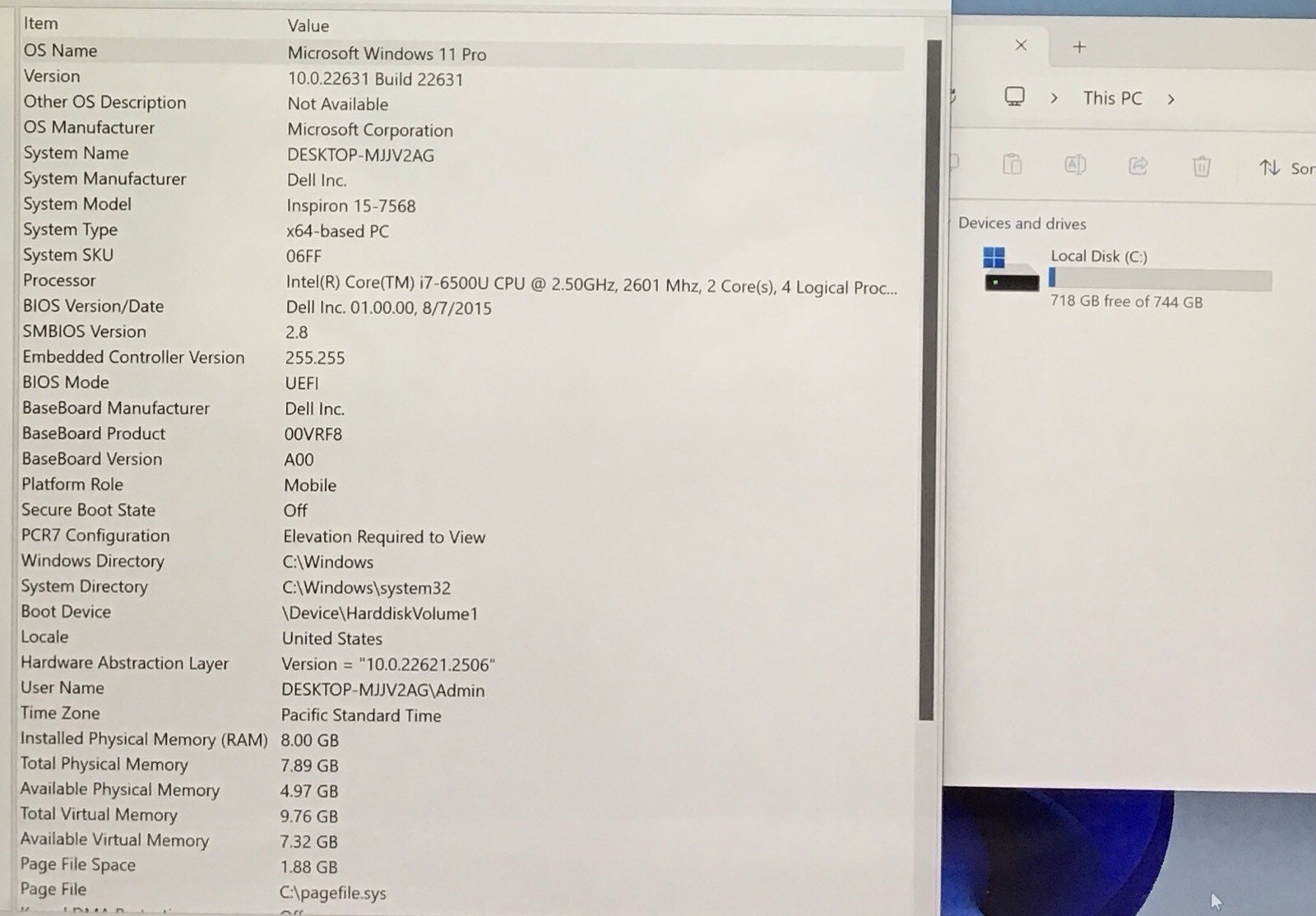 Dell Inspiron 15-7568 Intel i7-6500U @ 2.50GHz 8GB Ram 950GB HDD *SEE PICS