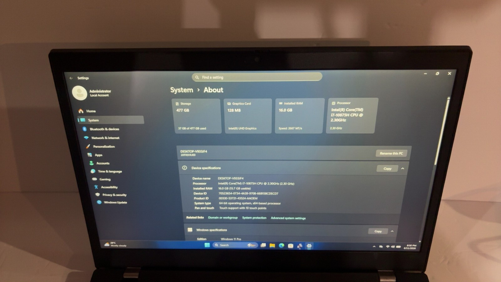 Lenovo ThinkPad P15v Gen 1 Touchscreen i7-10875H 16GB 512GB SSD Win11 15.6″