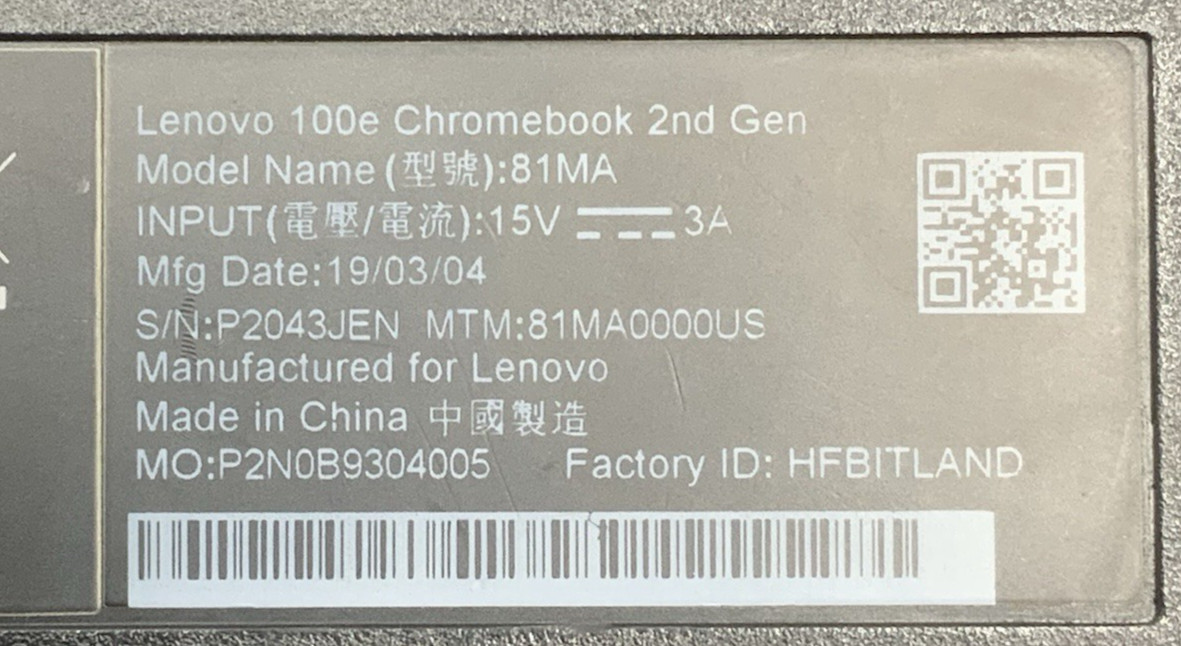 Lot of 16 Lenovo 100E Chromebook 2nd Gen Intel Celeron N4000 32GB eMMC 4GB DDR4