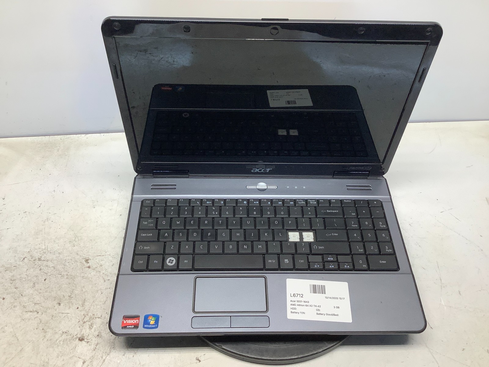 Acer 5517-1643 AMD Athlon 64 X2 TK-42 1600MHz 3 GB NO HDD – READ